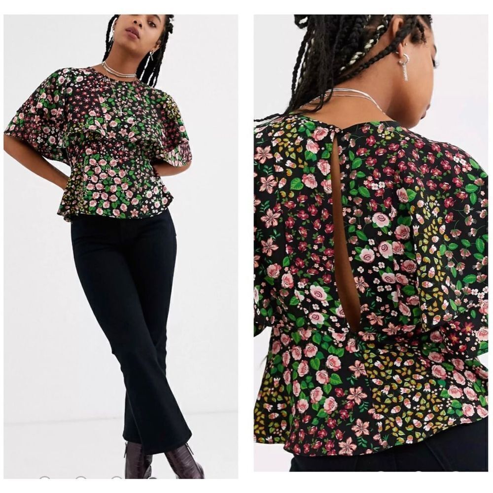 Topshop Women's Capelet Short Sleeve Floral Print Ruffle Top Blouse Black Size 4